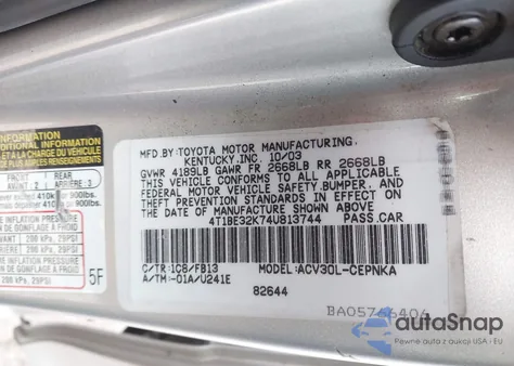 2004 Toyota Camry Le from USA, damaged, VIN 4T1BE32K74U813744